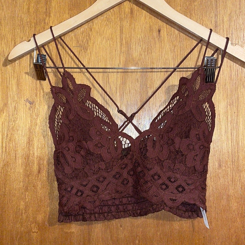 •INTIMATELY FREE PEOPLE•NWOT BROWN ADELE WIRELESS CROCHET LACE BRALETTE - Picture 3 of 7
